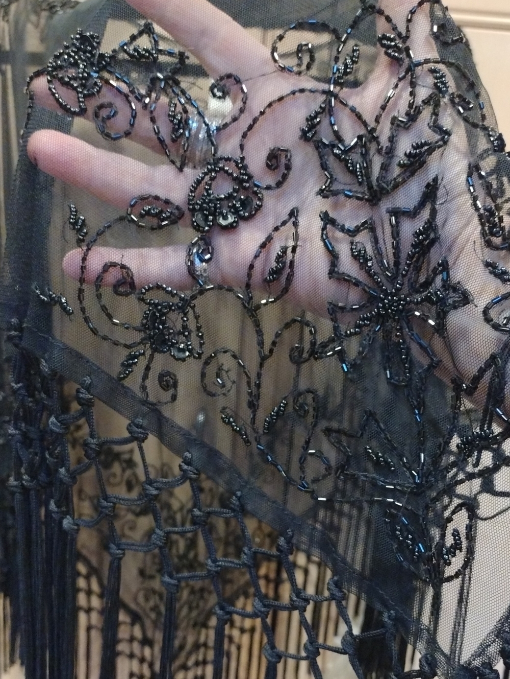 Vtg Gothic Sheer Embroidered Glass Beads Sequins & Fringe Stevie Nicks Poncho - Picture 10 of 16